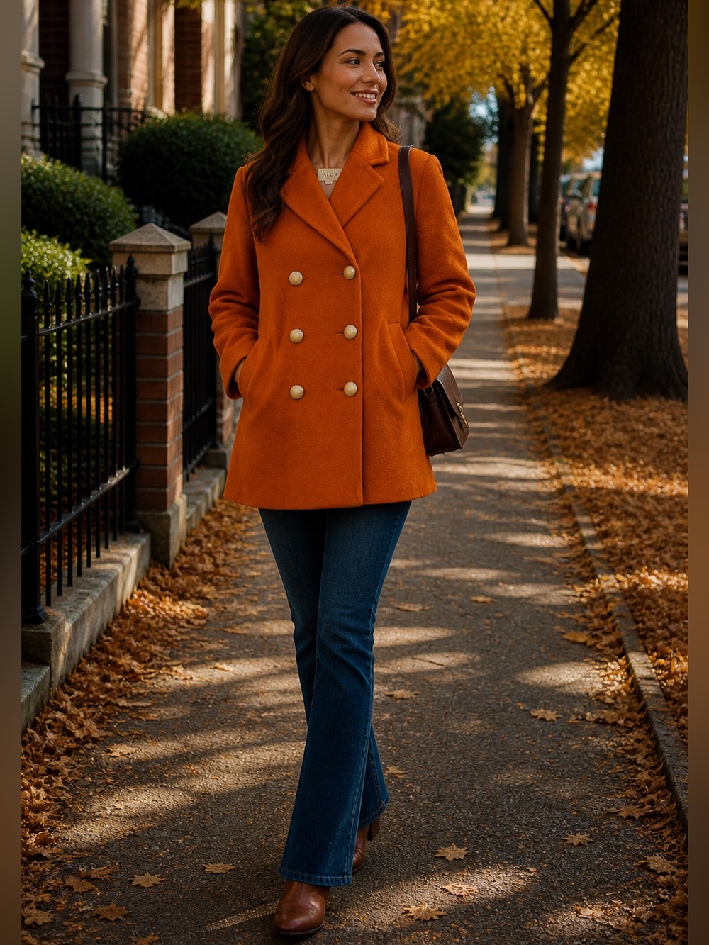 Aura Burnt Orange Double Breasted Coat Gold Button Jacket autumn